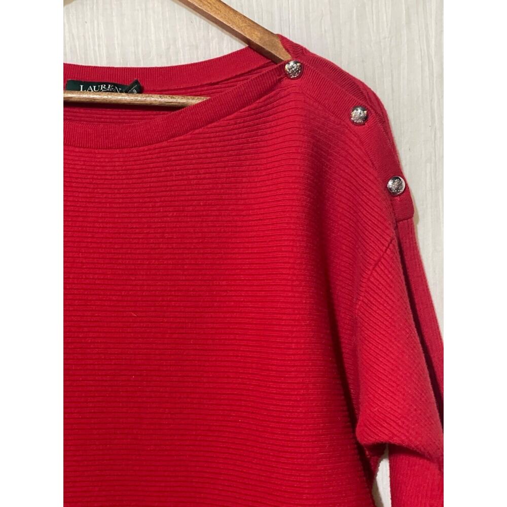Lauren Ralph Lauren Ribbed Sweater Red Boat Neck Button Shoulder Women's Large - Picture 3 of 10